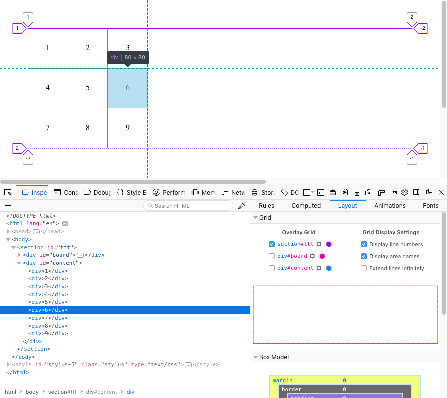 Screenshot: In the Firefox Grid Inspector, the containing grid spans the full width of the page with a purple border. Occupying about a third of the space on the left side of the container are the two child grids, one with the numbers 1 through 9 in a 3 by 3 grid and the other with tic-tac-toe lines overlaid on top of each other.