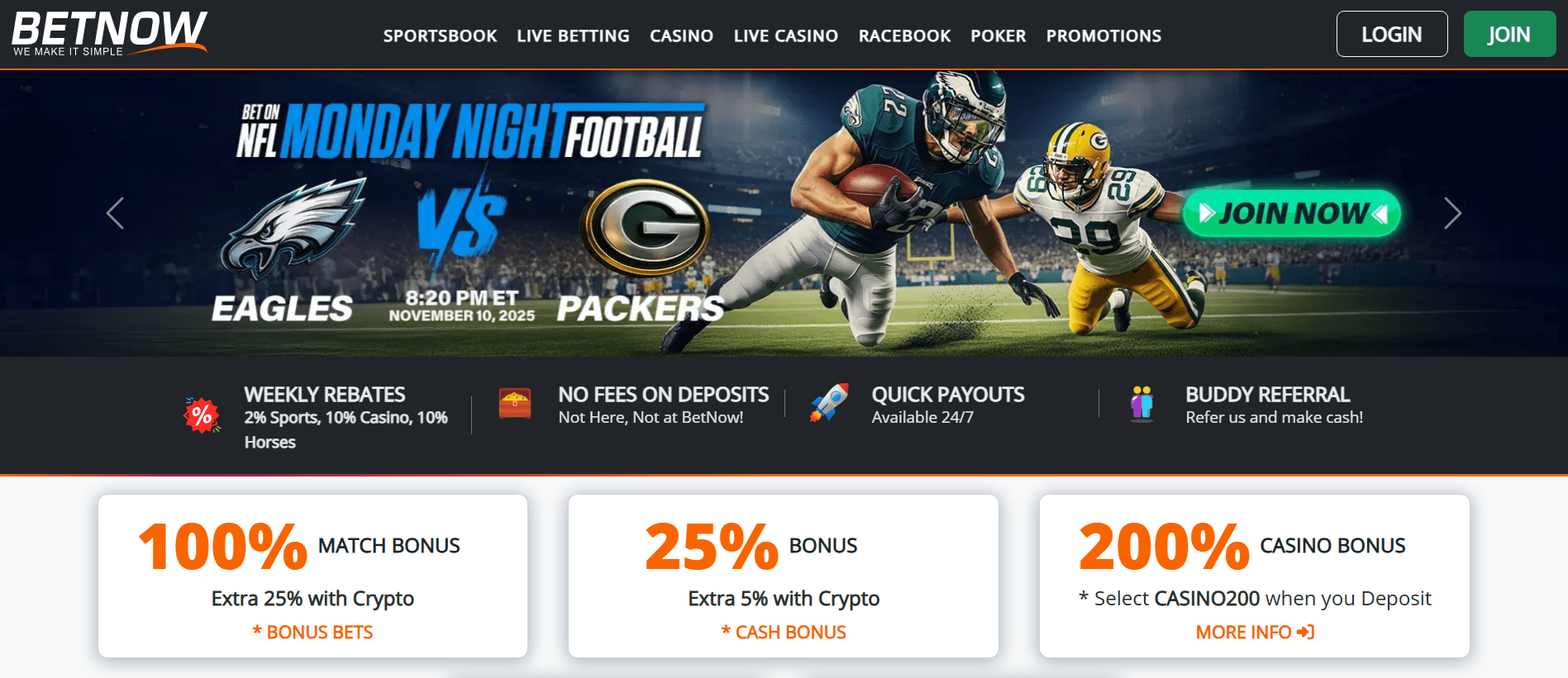 Homepage snapshot of BetNow sportsbook featuring fast payouts and wide markets